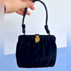 Birks Black Satin Evening Handbag Gold Rose Clasp